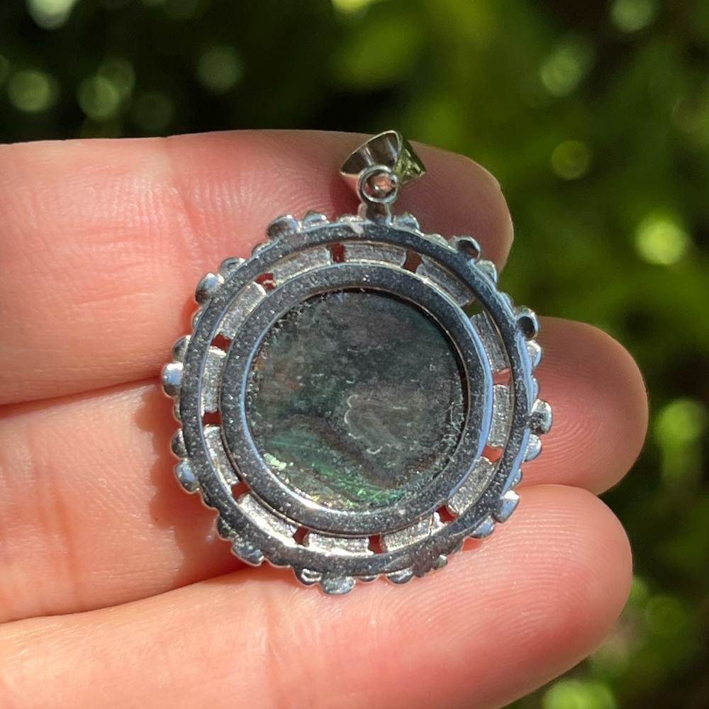Sterling silver flashy round floral abalone shell pendant 1254 - Picture 5 of 7